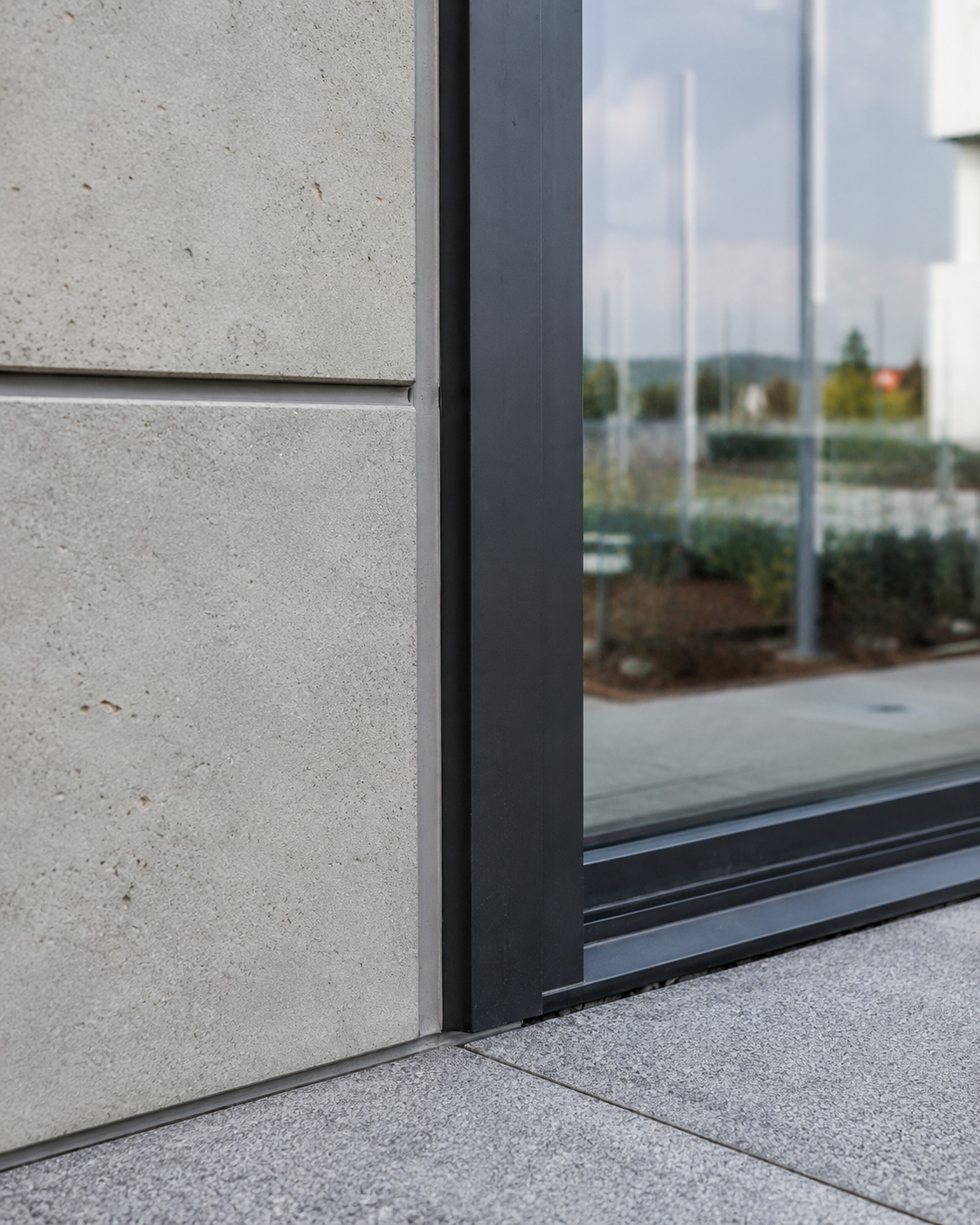 Moderne Fassaden- und Bodenfuge an einer Glasfront